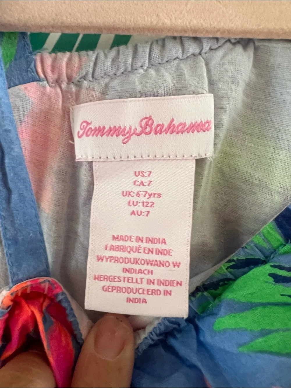 Tommy Bahama Blue & bright pink Tropical Pom-Pom Sundress w/ tie shoulder Sz 7